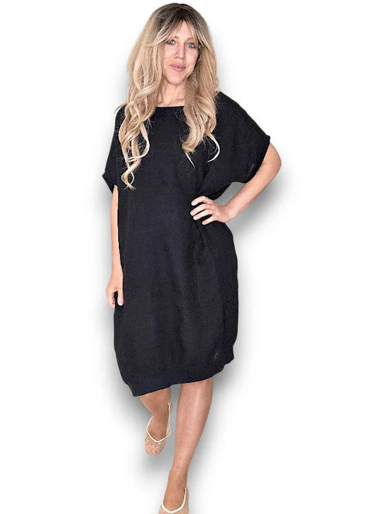 Black Plain Elastic Hem Dress