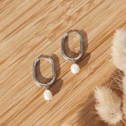 Steel Me Silver with Fresh Water Pearl Huggies