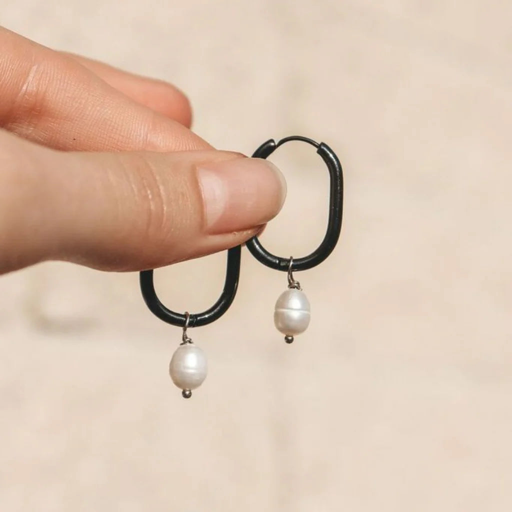 Steel Me Black with Fresh Water Pearl Huggies