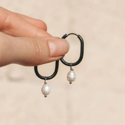 Steel Me Black with Fresh Water Pearl Huggies