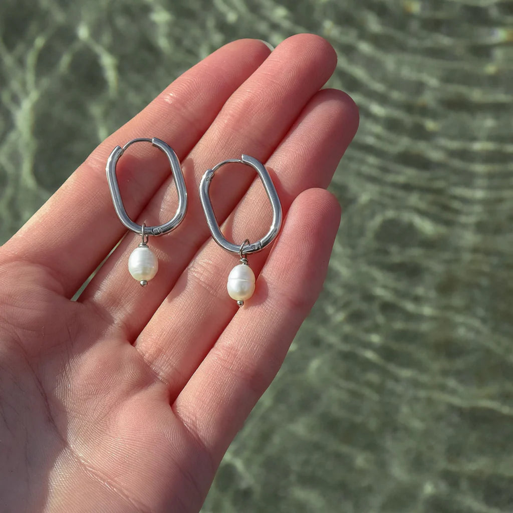 Steel Me Silver with Fresh Water Pearl Huggies